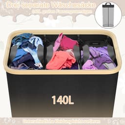 Wasmand 3 vakken - Wasverzamelmand Opvouwbaar - Orde Scheppen - Afneembare Waszakken - 140 Liter - Zwart — thumbnail 2
