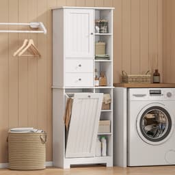 Badkamerkastje - smal badkamerkastje met 6 open vakken en wasmand - 2 lades en soft - close deur - wit — thumbnail 2
