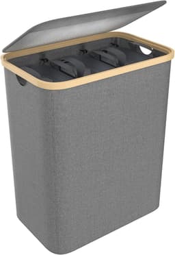140 liter, vuile wasmand met deksel, houten handgreep, 3 sorteervakken en wasbare opvouwbare waszak voor badkamer, slaapkamer, kinderkamer of woonkamer, grijs — thumbnail 1