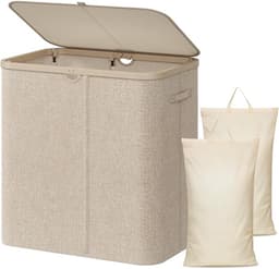 Wasmand met Deksel - Beige - Grote Capaciteit van 145L - Met 2 Uitneembare Zakken - Voor Badkamer en Slaapkamer — thumbnail 1