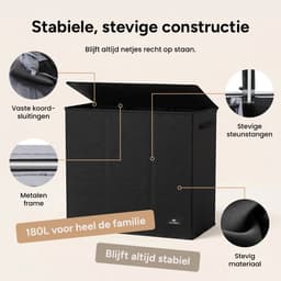 Soverdi - Drie Vakken Met Deksel - 3 in 1 Wasmand - Sorteer Wasmand - Opvouwbaar - Wassorteerder - Dichte Wasmand - Dubbele Wasmand - Laundry Basket - Wasbox - Organizer Kleding - Stof - Zwart - Zwarte - 180L — thumbnail 3