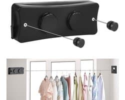 Intrekbare Waslijn - Wandwasrek Uittrekbaar - Kleding Drogen - Dubbele Roestvrij Staal Lijn - 2 x 51 Meter - Zwart