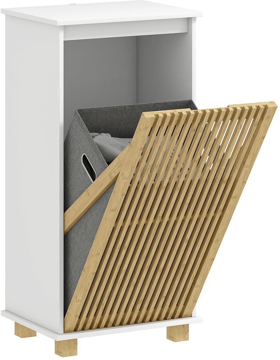 Sello! badkamerkast – badkamermeubel – geïntegreerde wasmand – uitneembare waszak – bamboe deur – wit – 40 × 30 × 80 cm. — afbeelding 1