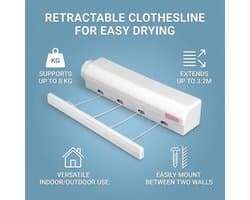 SnelShoppen - Uittrekbare Waslijn, Draagbare Wanddroogrek met Flexibele en Automatische Telescoopfunctie voor Binnen en Buiten Gebruik (Vier Touwen)