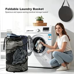 Wasmand - Vouwbare Wasmand - Opbergmand - Waszak - Opvouwbare Wasmand - Mand - Wassorteerder - Kledingmand - Reiswaszak - met handgrepen - Inclusief opbergtas - voor wasruimtes, badkamers, kinderkamers, studentenkamers, op reis - 32*32*60 cm - zwart — thumbnail 3