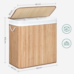 Wasmand Wasgoedmand Opbergmand 60 x 40 x 61,5 cm houtkleur 150L grote capaciteit met drie vakken en afneembare wasbare binnenzak deksel en handgrepen opvouwbaar en ruimtebesparend geschikt voor wasruimte slaapkamer en badkamer — thumbnail 2