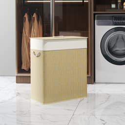 Wasmand van bamboe, wasbak met 2 vakken, wassorteerder met deksel en afneembare waszak, katoenen handvatten, 100 L wasbox — thumbnail 4