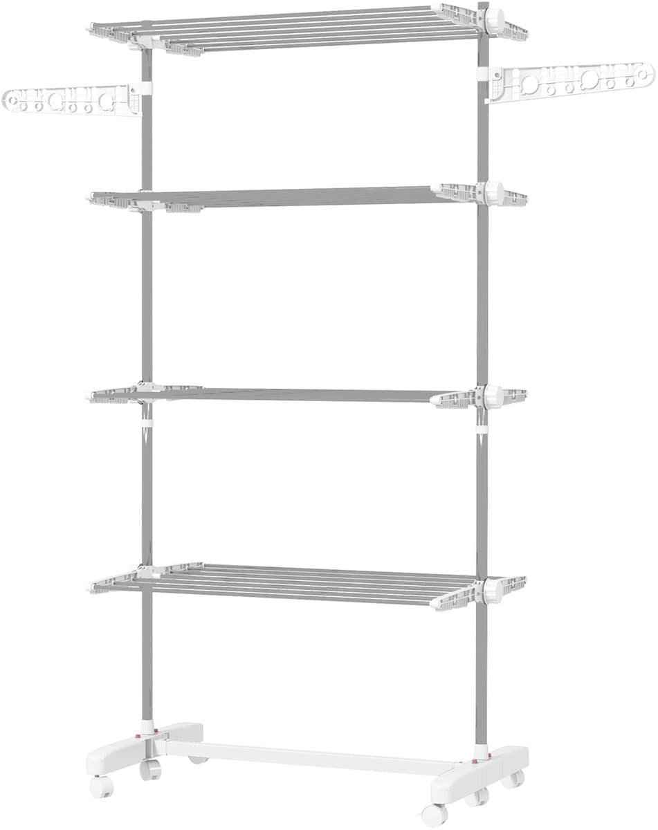 Droogrek - inklapbaar - zijvleugels - voor binnen en buiten - 142 x 55 x 152 cm - 4 niveaus - 6 wielen - frame van roestvrij staal - wit — afbeelding 1