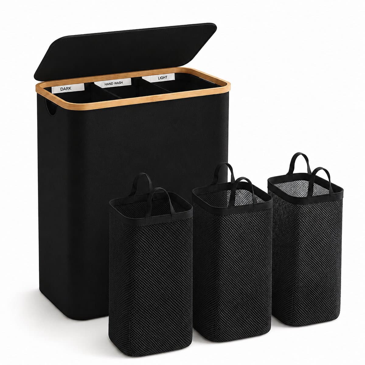BOTC Wasmand 3 Vakken - Wassorteerder - 160L Capaciteit - Bamboe Wasmand met Deksel - 75*57*37cm - Zwart — afbeelding 1