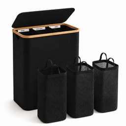 BOTC Wasmand 3 Vakken - Wassorteerder - 160L Capaciteit - Bamboe Wasmand met Deksel - 75*57*37cm - Zwart — thumbnail 1