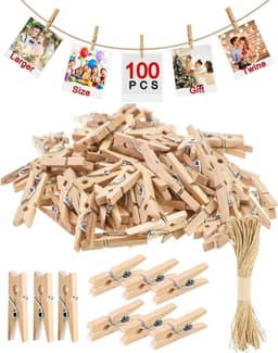 100 Mini Houten Knijpers met 12m Jute Touw voor Foto's en Decoratie — thumbnail 2