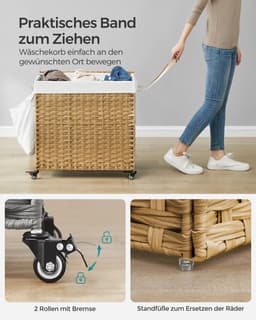Prime Home Wasmand - Wasmand 3 vakken - Wasmand met deksel - Waszakken - Waszakken voor wasgoed - 140 L - 66 x 33 x 66cm - 30 kg Belastbaarheid — thumbnail 5
