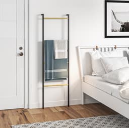 MEUNIQ handdoekladder droogrek 49 x 5,5 x 167,5 cm met 4 stangen, leunend wanddroogrek voor badkamer, slaapkamer of woonkamer, staal en bamboe, zwart — thumbnail 1