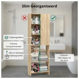 Noventra - Wasmachinekast - Wasmachine Ombouw - Opbergkast - 2 Deuren - 3 Opbergvakken - Houtlook - 64 x 25,5 x 190 cm — thumbnail 3