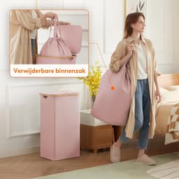 Wasmand van 100 liter met deksel, wasmand met bamboe handgrepen en 1 afneembare tas, grote opvouwbare wasmand voor slaapkamer, badkamer, slaapzaal, wasruimte, roze — thumbnail 2