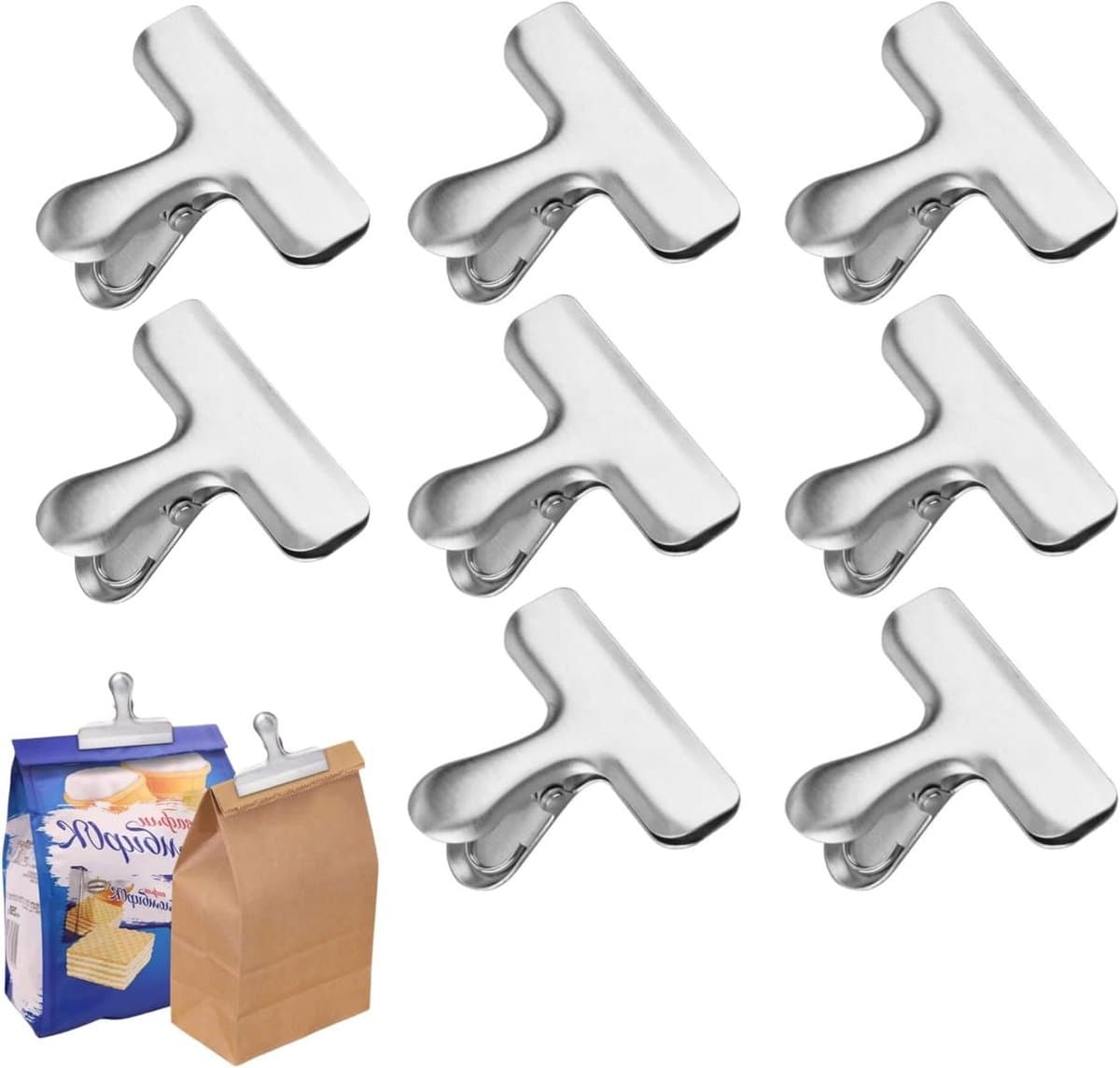 Sluitklemmen Roestvrij Staal - Keukenclips Zakclips - Voedsel Vers Houden - Sterke Veerelasticiteit - 8 stuks 76 mm - Zilver — afbeelding 1