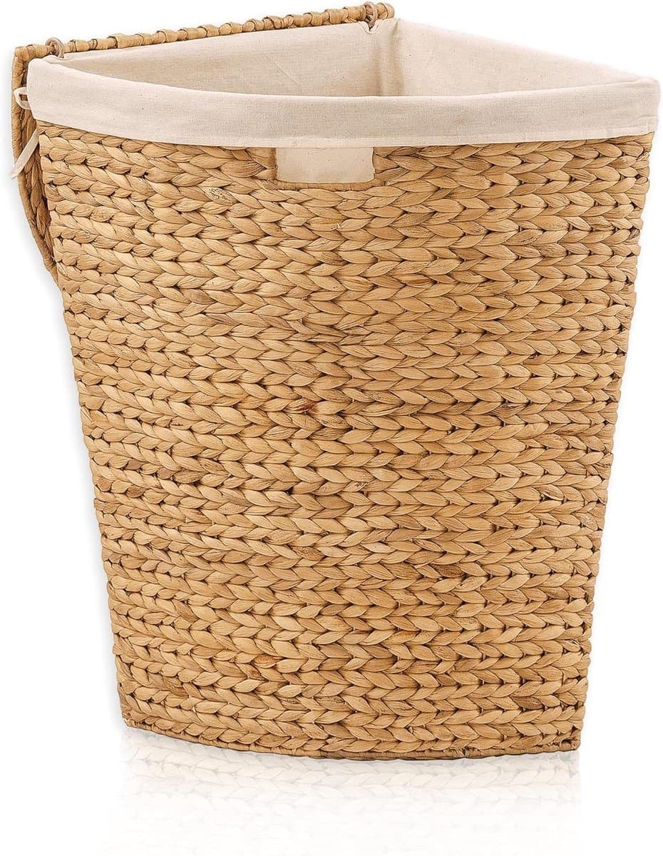 Wasmand met deksel - Hoek mand - Ruimte besparen - Natuurlijk waterhyacint - 42x30x49cm - Beige — afbeelding 1