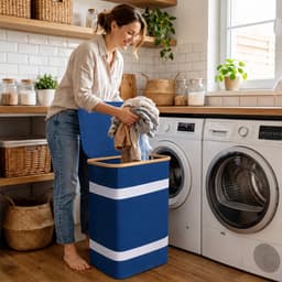 Soontrans - Wasmand - Wassorteerder met Deksel - 44x34x70cm - Uitneembare Waszakken - Bamboe-lijst - Afneembaar - 102L - Blauw — thumbnail 3