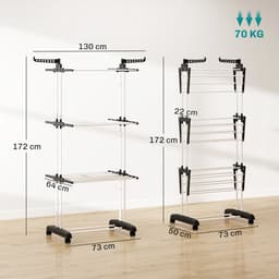 Opvouwbaar droogrek op wielen - 3 niveaus - stalen frame - met uitklapbare zijvleugels - 73 x 64 x 177 cm - zwart/zilver — thumbnail 2