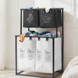 Wasmand 4 Vakken - Wassorteerder - Dubbellaags Wasmanden - met 4 Afneembare Oxford Zakken - Sorteert Donker/Licht/Ondergoed - Stevig Metalen Frame - 57x44x97 cm - Opvouwbaar - Voor Badkamer & Wasruimte - Zwart & Wit — thumbnail 2