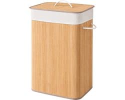 ACAZA Wasmand Met Deksel - 72 - Bamboe - Wasbare Katoenen Waszak - Handvatten - 40 x 30 x 60 cm - Natuurlijk Bruin