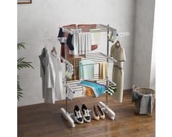 REDOM - Droogtoren - Inklapbaar - 3 niveaus met zijvleugels - 6 wielen met 2 remmen - Voor binnen en buiten - Staal - Wit - 80 x 55 x 152 cm