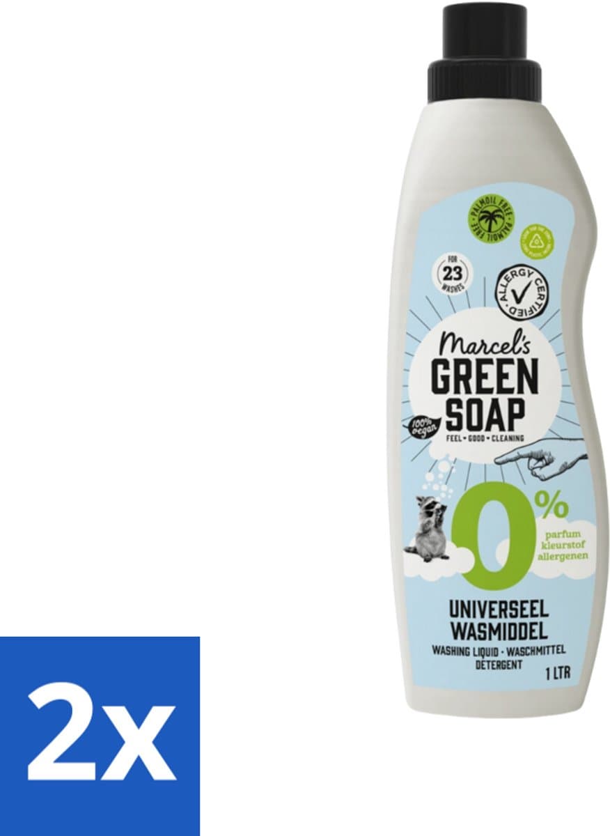 2 x Marcel’s Green Soap – Wasmiddel – Universeel - 0% – Zonder parfum en kleurstof – 1 liter - Wasmiddel 0% Parfum - Gevoelige Huid - Milde Wasmiddel - Duurzame Wasmiddel - Geen Kleurstoffen — afbeelding 1
