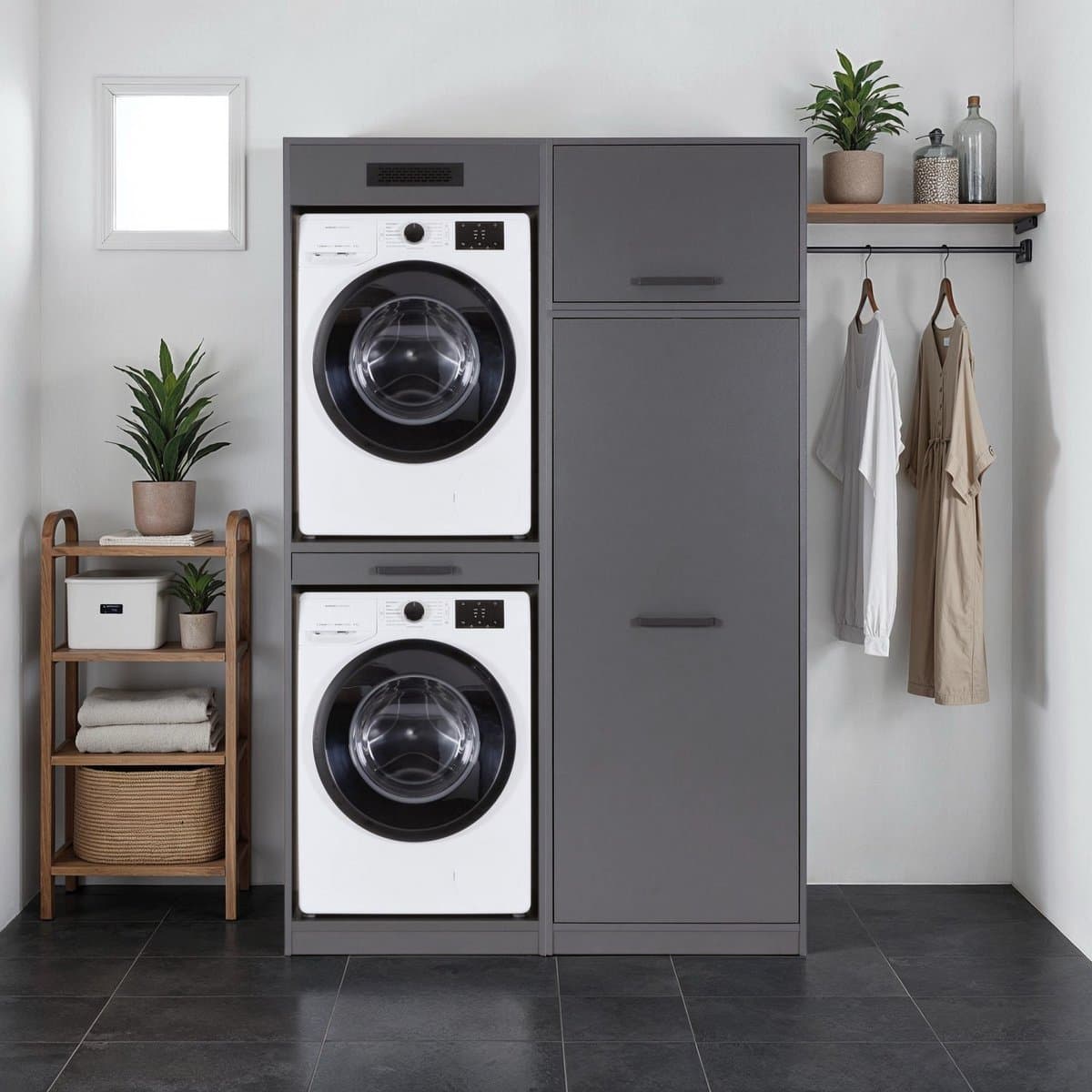 Interlink Lifestyle Studio Flow Wasruimtecombinatie Bundel 05 - Antraciet - 134 x 68 x 208 cm - Complete wasruimte met wasmachinekast en opbergkast — afbeelding 1