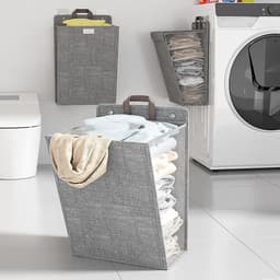 Wasmand - Opvouwbare Wasmand - Katoen en linnen - Met Deksel - Smalle - Afneembare zak - Reisgoederen - Opvouwbare Mand Vuile Was - Plooimand - Ophangbare - Voor wasruimte, slaapkamer - 48*36*12cm - Grijs — thumbnail 2