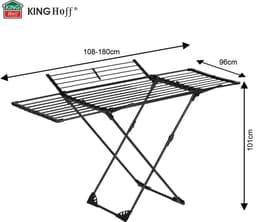 KINGHoff - Droogrek - Opvouwbaar Wasrek Verstelbaar - Staand Wasdroogrek - Inklapbaar Kledingrek - Wasrek voor Binnen en Balkon - Max. 20 kg - 108–180 x 96 x 101 cm - Zwart — thumbnail 3