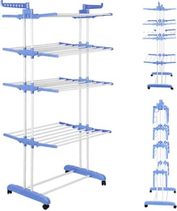 PIPIPOXER- Wasrek Inklapbaar-Droogrek-Staand Droogrek -Uitschuifbare Droogtoren – 4 Verdiepingen – 75 meter Drooglengte- Ruimtebesparend Wasrek -Wastoren Staand- Droogrek op Wielen - blauw en wit — thumbnail 1