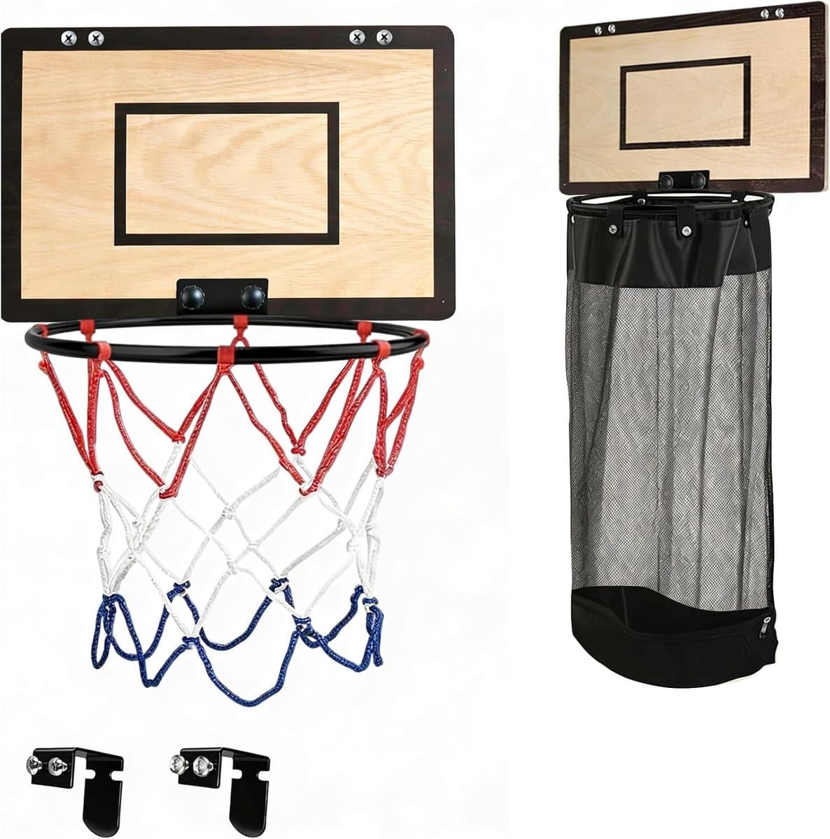 Basketbalring en Wasmand in één, Hangsysteem voor Deur, Houten Wasmand met Rits voor Badkamer en Kamer, Perfect als Cadeau voor Kinderen en Volwassenen — afbeelding 1
