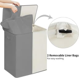 154L dubbele wasmand met deksel, grote wasbak en afneembare waszakken, grote inklapbare 2 verdelers wasbak met handgrepen voor slaapkamer wasruimte (beige+grijs) — thumbnail 4