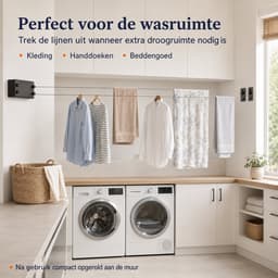 Waslijn Uittrekbaar - Waslijndraad met stalen kern - Ook zonder boren - Wasdraad - Roldrooglijn - Drooglijn - Ruimtebesparend - 8.4 (2x 4.2m )meter Drooglengte - Binnen en Buiten - Max. 20 kg Belastbaar - Zwart — thumbnail 3