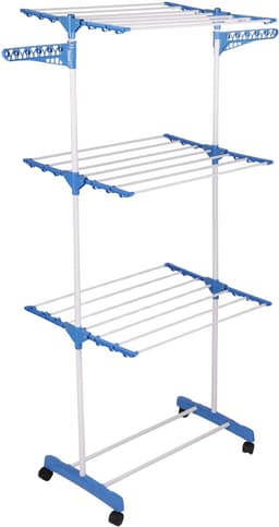 HOMIX Droogrek 3 Etages – Inklapbaar Wasrek met Wielen – 162 x 42 x 73 cm – Blauw/Wit — thumbnail 1
