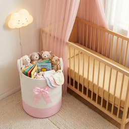SnelShoppen - Roze Wasmand met Strik, Geweven Touw Speelgoedopbergmand voor Kinderen, Baby Kleding Mand, Kinderkamer en Badkamer Dekens Organizer Deco — thumbnail 2