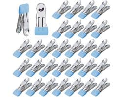 QTTVBTNA -Wasknijpers - Set van 30 - Roestvrijstalen Knijpers - Blauw, roestvrij, waterbestendig, windbestendig - Sterke veer, antislip rubberen coating - Multifunctioneel voor kleding, handdoeken, snacks en foto's - Voor thuis en reis