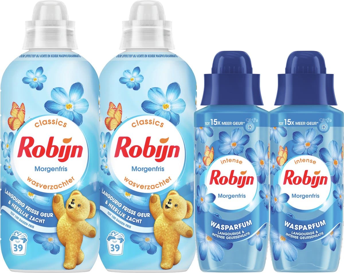 Robijn Perfecte Match Wasverzachter en Wasparfum Pakket - Morgenfris - 4 stuks - 2 x 39 wasbeurten + 2 x 342ml - Voordeelverpakking — afbeelding 1