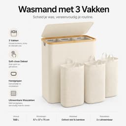 BOTC Wasmand 3 Vakken - Wassorteerder - 160L Capaciteit - Met 3 blanco etiketten - Bamboe Wasmand met Deksel - 75*57*37cm - Crème wit — thumbnail 2