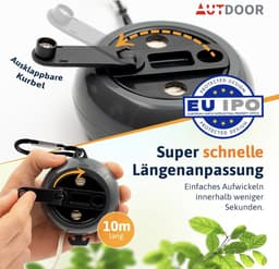 Waslijn uittrekbaar, met praktische zwengel, extra lang snoer van 10 m, perfect voor kamperen en reizen (zwart/grijs) — thumbnail 4