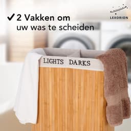 Lexorion Wasmand met Deksel XL - Bamboe - 2 Vakken - Wassorteerder - 2 Wasbare Katoenen Waszakken - Handvatten - 100 Liter - Natuurlijk Bruin — thumbnail 3