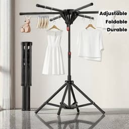 6-Arm Metalen Stang Gemaakte Kleding Droogrek, Opvouwbaar Kledingrek, Hoogte En Breedte Verstelbaar, voor Binnen- En Buitengebruik, Laadvermogen 35-40Kg, met 20 Winddichte Haken En 2 Sokkensluiters, Ruimtebesparend Ontwerp, Stevig En Duurzaam — thumbnail 1
