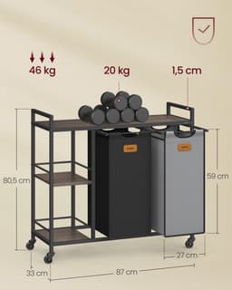 VASAGLE - Wasmand - Wassorteerder - 2 Vakken - 100 L Wassorteerder - Met Wielen en Afneembare Tassen — thumbnail 2