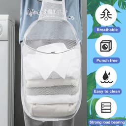Hangende wasmand, grote pop-up wasmand met witte mesh wasmand, opvouwbare wasmand met handgrepen voor slaapkamer, badkamer (59 x 37 cm) — thumbnail 5