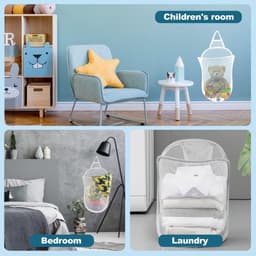 Hangende wasmand, grote pop-up wasmand met witte mesh wasmand, opvouwbare wasmand met handgrepen voor slaapkamer, badkamer (59 x 37 cm) — thumbnail 2