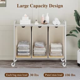 Wasmand met 3 uittrekbare oxfordzakken, legplank, metalen frame en wieltjes, wit 84x30x76,5cm, verrijdbaar voor badkamer en slaapkamer — thumbnail 3