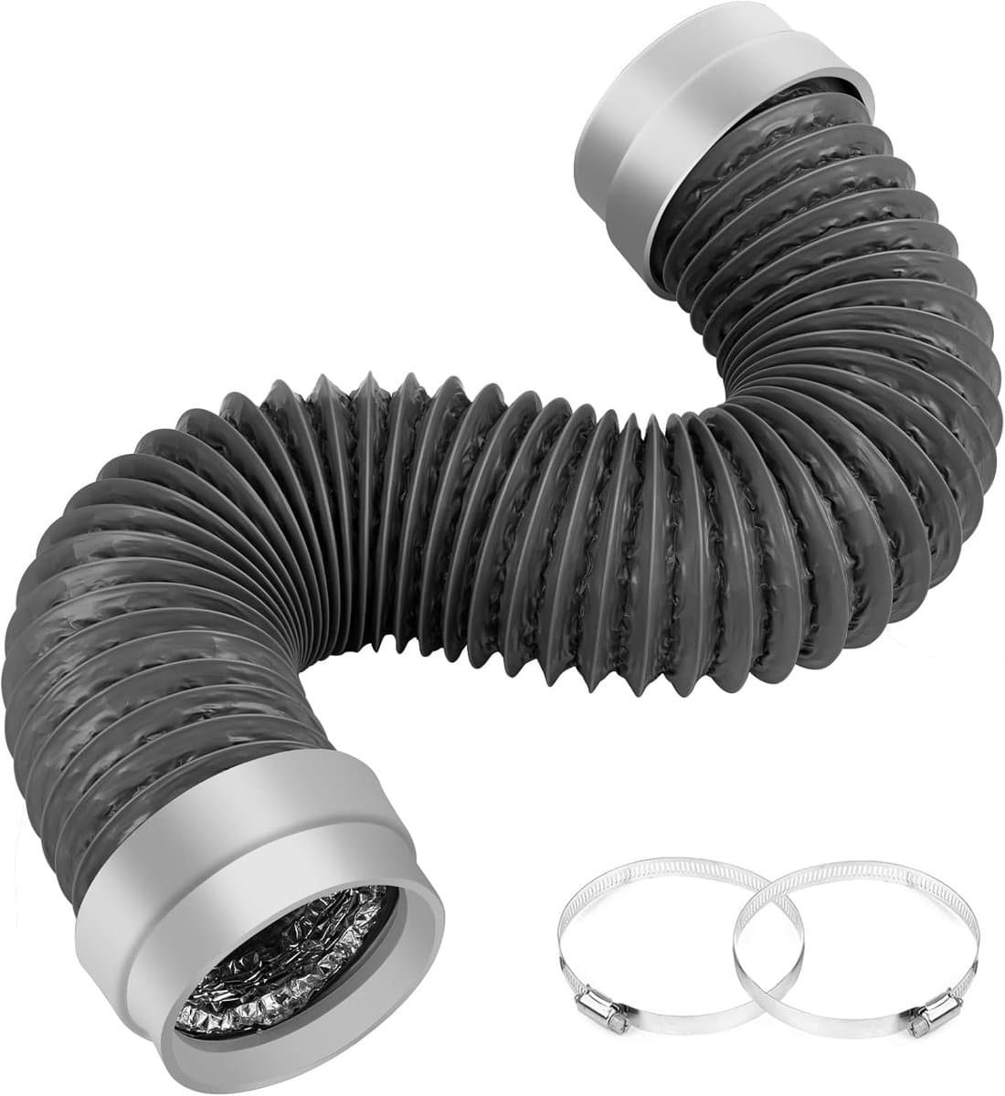 Ulisem - Droogafvoerslang - 10 cm doorsnede x 91 cm lengte - 6 lagen flexibel aluminium - Inclusief rubberen afdichtingen en klemmen - Hittebestendig tot 100°C - Universele pasvorm voor nauwe ruimtes — afbeelding 1
