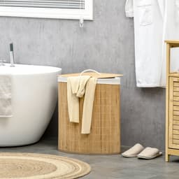 Hoekwasmand - Wasmand - Wasbox - Wasverzamelbak - Bamboe - Met deksel - Uitneembare waszak - Ruimtebesparend - Badkamer - 38x38x57 cm - 55L - Natuur en wit — thumbnail 4