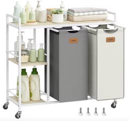 J&R Wasmand met 2 Uitneembare Waszakken – 100L Wasgoedsorteerder op Wielen – Wit — thumbnail 1