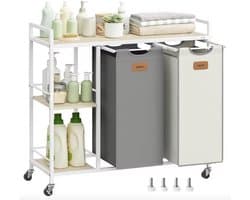 J&R Wasmand met 2 Uitneembare Waszakken – 100L Wasgoedsorteerder op Wielen – Wit
